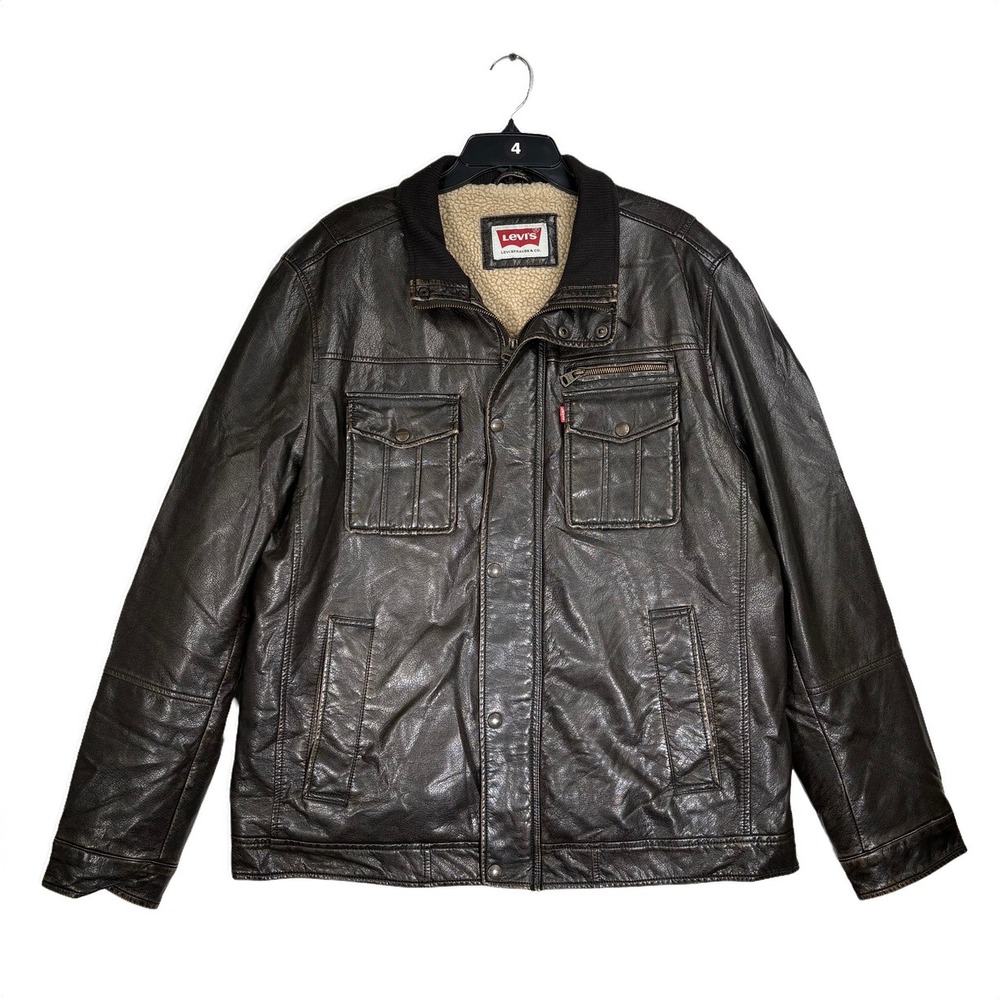 Levi's Bomber Jacket Mens Brown Faux Leather Sherpa Lined Good Condition Utility